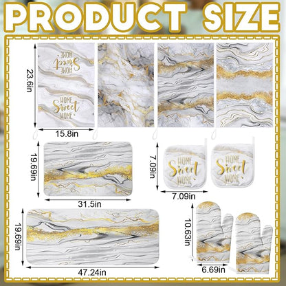 10 Pcs Christmas Marble Farmhouse Kitchen Decor Accessories Set Marble Kitchen Dish Towels Rugs Oven Mitts and Pot Holders Sets for Cooking Baking Daughter Mom Gift(White)