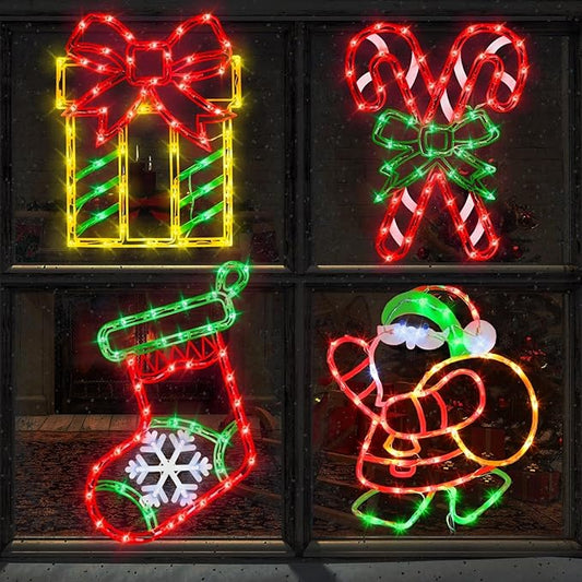 Christmas Window Silhouette Lights Decorations - 16" 4 Pack Colour Lighted Santa ＆ Gift Box ＆ Candy Cane ＆ Christmas Stocking for Holiday Wall Door Window Decorate