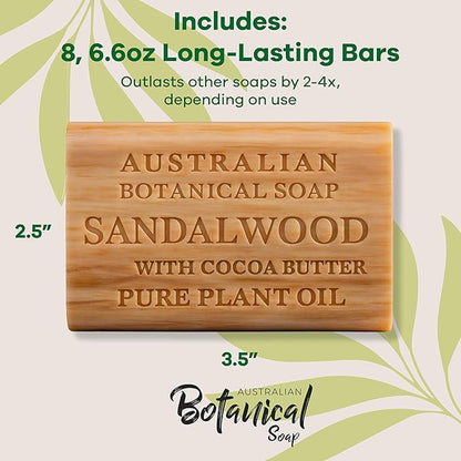 Australian Botanical Soap, 6.6 OZ, Sandalwood and Cocoa Butter, Triple Milled Bars made with a Natural Soap Base and Enriched with Organic Shea Butter, Pack of 8