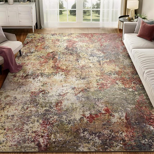 AUKOW Washable Area Rug for Living Room: 6x9 Modern Abstract Neutral Soft Rug for Bedroom Dining Room No Slip Low Pile Carpet for Nursery Home Office - Red/Ivory