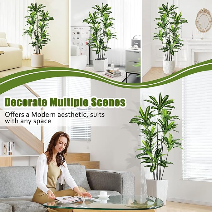 Dracaena Artificial Plant Indoor 6FT - Large Tropical Fake Tree with Lifelike Leaves - Tall Faux Floor Plant in Pot - Artificial Dracaena Tree Indoor for Home Office Living Room Decor