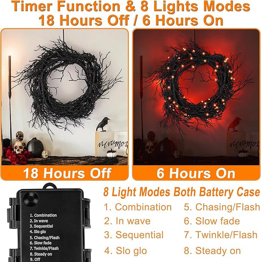 6 FT Halloween Black Garland Willow Vine Twig Decor with Orange Light, 8 Modes & Timer Battery Operated Waterproof Halloween Decorations Indoor for Mantle Fireplace Home Party Decor