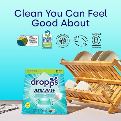 Dropps UltraWash Dishwasher Pods, Lemon Citrus (32 Count) - Biobased Power Deep Clean Dishwasher Detergent Tablets for Sparkling Shiny Dishes - No Rinse Aid or Pre-Wash Needed - Dishwashing Pods