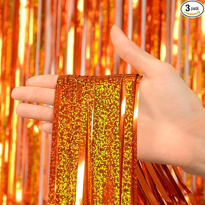 Upgraded Thicker Melsan Tinsel Fringe Curtain, 3 Pack 3.2 x 8.2 ft Orange Metallic Streamers with Extra Tape, for Thanksgiving Birthday Baby Shower Graduation Party Decor