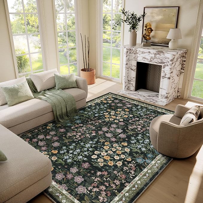 Machine Washable Living Room Rug: 6x9 Area Rugs for Bedroom Vintage Stain Resistant Non Slip Low Pile Lightweight Soft Carpet for Kitchen Dining Room Farmhouse Kids Room Nursery Indoor