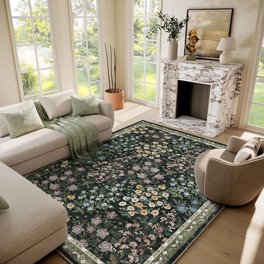 Machine Washable Living Room Rug: 6x9 Area Rugs for Bedroom Vintage Stain Resistant Non Slip Low Pile Lightweight Soft Carpet for Kitchen Dining Room Farmhouse Kids Room Nursery Indoor