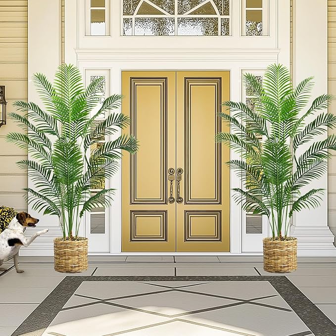 Artificial Palm Tree 6FT Artificia Plants Indoor Fake Trees Tropical Fake Plam Tree Areca Floor Plant in Black Pot with 18 Trunks & Real Bark Design Faux Palm Plant for Outdoor Home Room Decor