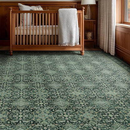 Jainmy Dark Green Vintage Living Room Rug 9x12, Boho Floral Moroccan Pattern Printed Large Area Rugs for Bedroom, Washable Non Slip Low Pile Thin Carpet Rug for Dining Room Under Table