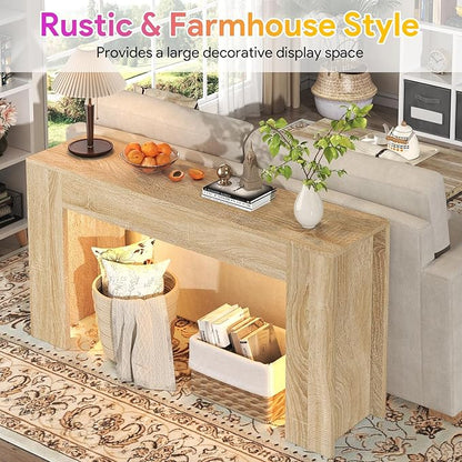 63-Inch Long Console Table with LED Light, Farmhouse Sofa Table Behind Couch, Wooden Console Table for Entryway Hallway Entrance Living Room, Nature