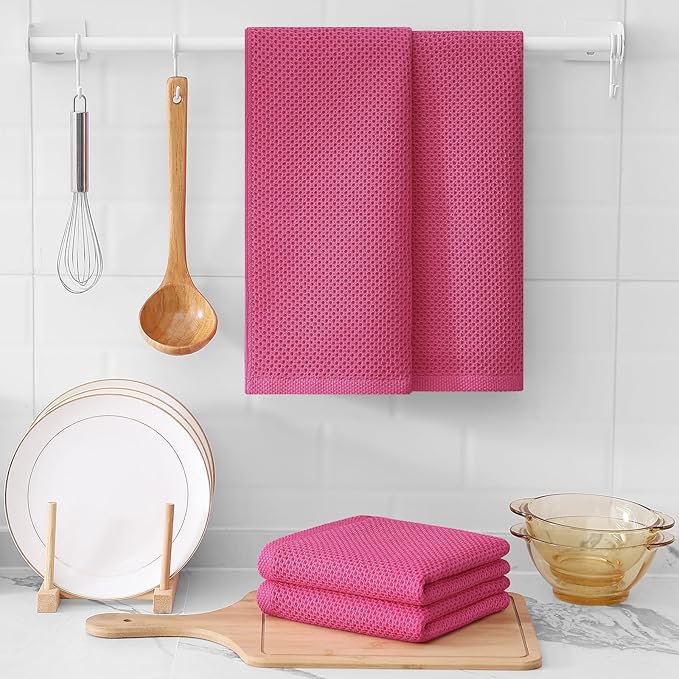 Kitinjoy 100% Cotton Waffle Weave Kitchen Towels, 6-Pack Super Soft and Absorbent Dish Towels for Drying Dishes, Kitchen Hand Towels, 13 in x 28 in, Hot Pink