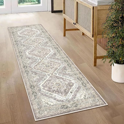 KUTA Oriental Washable Runner Rug, 2x5 Runners Non-Slip Vintage Ivory Grey Yellow Brown 5ft Hallway Kitchen Rugs Ultra Soft Printed Distressed Tribal Farmhouse Carpet for Bedroom Entryway Decor