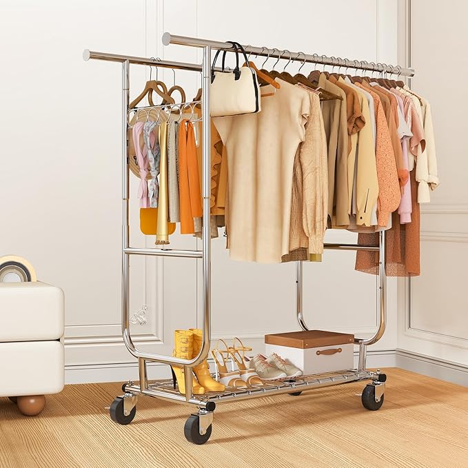 Clothes Rack Heavy Duty 620LBS For Hanging Clothes, Commercial Garment Rack Heavy Duty,Collapsible ＆ Portable Clothes Rack with Wheels,Rolling Clothing Racks Metal Clothing Rack (CR-H)