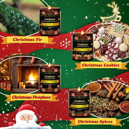 Holiday Candles Set | 4 Pack Holiday Scented Candles, Hand Poured Soy Candles for Home Scented - Non-Toxic Candle Gifts for Women and Men - Scents of Fir/Spices/Cookies/Fireplace