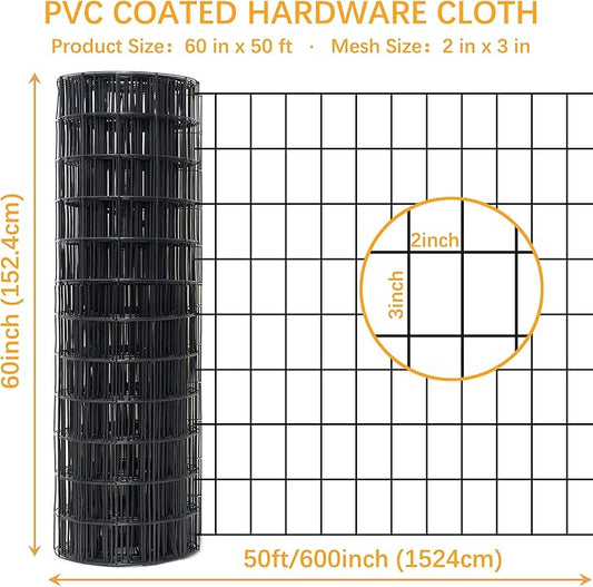 Black Metal Garden Fence, 60inch(H) x 50ft(L), 2 inch x 3 inch,14GA 2/3/4/5/6 Ft Tall Chicken Wire PVC Coated Welded Wire Mesh Roll for Dogs Border Yard Vegetable Plant Protection Poultry Netting