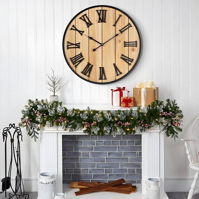 Large Wall Clock 16IN, Silent Metal Wood Style Wall Clocks Battery Operated for Living Room Decor, Farmhouse Big Wall Clock, Outdoor