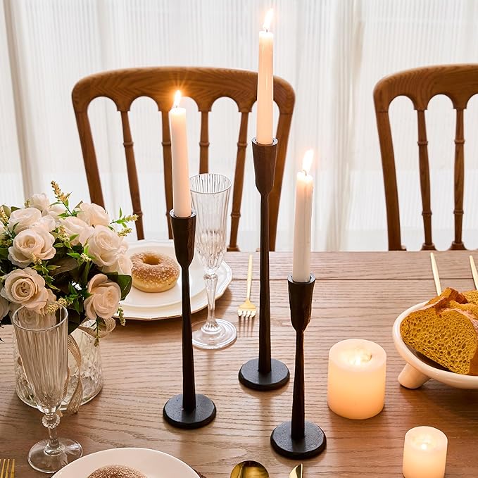 Cast Iron Taper Candle Holder Set of 3, Vintage Candlestick Holders Decorative Candle Stand, Tapered Candle Holders Tall Set for Wedding, Holiday, Home Decor, Christmas Decoration (Black)