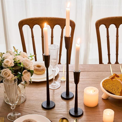 Cast Iron Taper Candle Holder Set of 3, Vintage Candlestick Holders Decorative Candle Stand, Tapered Candle Holders Tall Set for Wedding, Holiday, Home Decor, Christmas Decoration (Black)