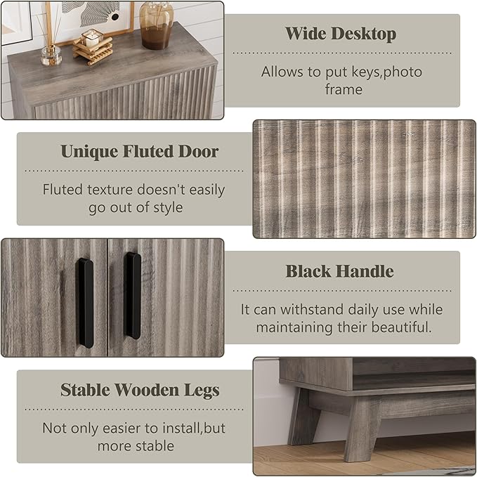 Shoe Cabinet Storage for Entryway with Doors, 5 Tier Fluted Shoe Organizer with Adjustable Shelves, Entryway Shoe Storage with Wooden Legs, Freestanding Hidden Shoe Rack for Front Door Entrance, Grey
