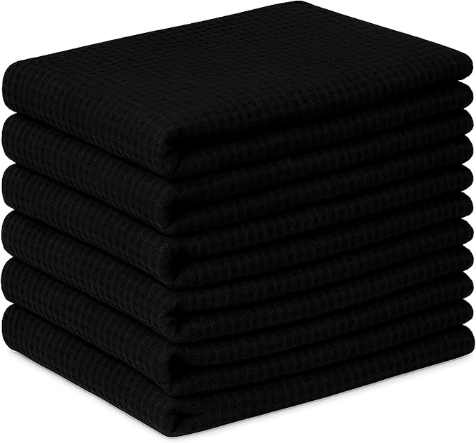 Kitchen Towels Set of 6 Soft Premium Cotton Highly Absorbent Dish Towels 18x28 Inches, Washable & Reusable Tea Towel, Quick Drying Dish Cloths with Hanging Loop - Black Solid