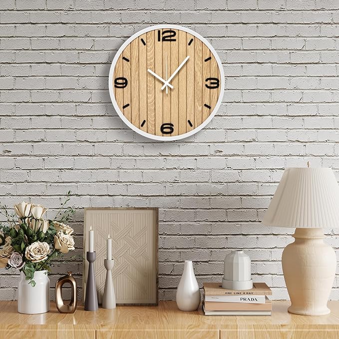 Round Wall Clock Battery Operated, Modern Wooden Small Analog Clocks 12 Inch Silent Non-Ticking for Home, Office, Apartment, Living Room, Bathroom, Kitchen, Bedroom