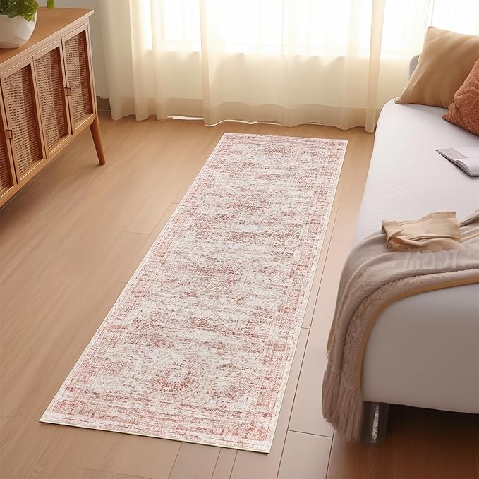 Long Bathroom Rugs Runner - Washable Runner Rugs for Hallway 2x10, Ultra-Thin Soft Kitchen Carpet Runner, Anti Slip Backing Runner Rugs for Entrance, Bedroom, Living Room(2'x10', Pink/Ivory)