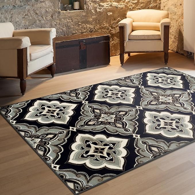 Superior Indoor Area Rug, Jute Backing, Medallion Rugs for Dining, Kitchen Floors, Office, Plush Floor Cover, Traditional Aesthetic, Crawford Collection, 8' x 10', Black
