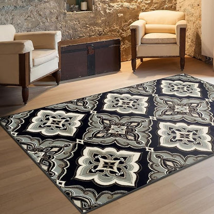 Superior Indoor Area Rug, Jute Backing, Medallion Rugs for Dining, Kitchen Floors, Office, Plush Floor Cover, Traditional Aesthetic, Crawford Collection, 8' x 10', Black