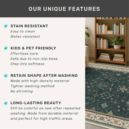 Vintage Dark Green 7x9 Dining Room Rugs for Under Kitchen Table - Washable Livinig Room Rug - Unique Floral Pastel Low Pile Non-Slip Area Rugs for Bedroom