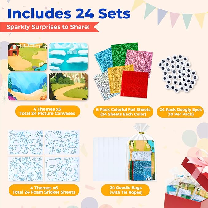 JoyCat 24 Pack Foil Craft Party Favors,No Mess Arts and Crafts for Kids,Goodie Bag Stuffers,DIY Creative Activity, Valentines Birthday Gift for Girls Boys 4 5 6 7 8 9 Years Old(Animal)