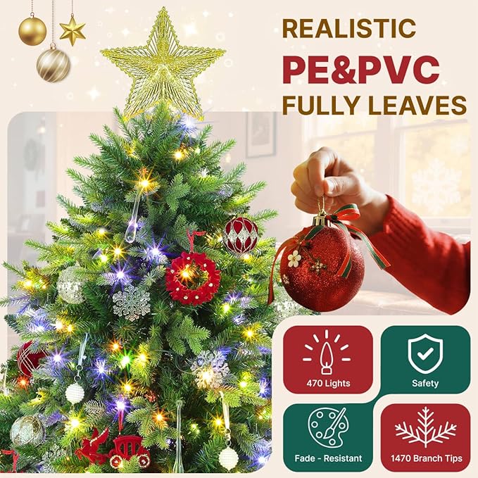 GGOYING 7.5FT Pre-Lit Flocked Christmas Tree with Rotating Stand & Remote, Green Dense Branches, Realistic Holiday Decorations, LED Lights (RGB + Warm White)