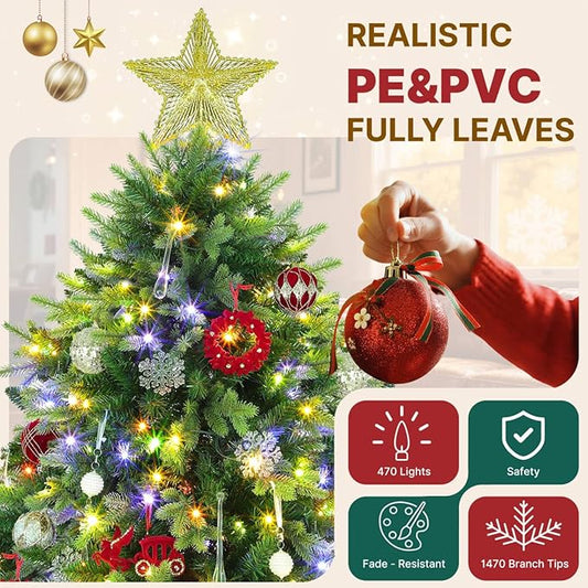 GGOYING 7.5FT Pre-Lit Flocked Christmas Tree with Rotating Stand & Remote, Green Dense Branches, Realistic Holiday Decorations, LED Lights (RGB + Warm White)