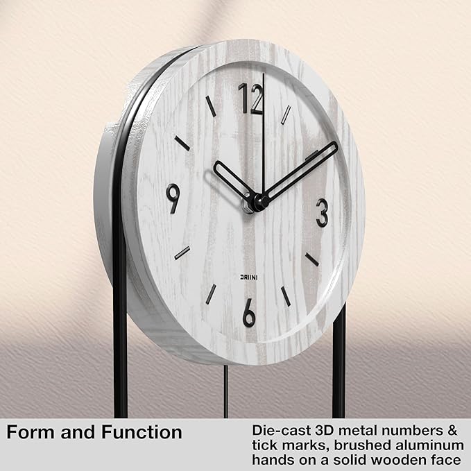 Driini Decorative Wall Clock with Pendulum (White) – Modern Wood, 3D Black Numbers, Metal Frame – Small, Unique Wall Clocks for Living Room Decor or Bathroom - Battery Operated, Silent, Non-Ticking