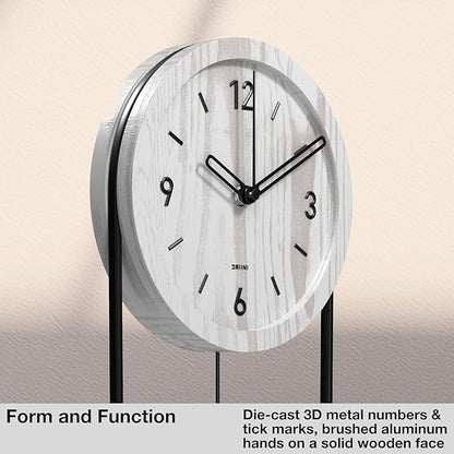 Driini Decorative Wall Clock with Pendulum (White) – Modern Wood, 3D Black Numbers, Metal Frame – Small, Unique Wall Clocks for Living Room Decor or Bathroom - Battery Operated, Silent, Non-Ticking