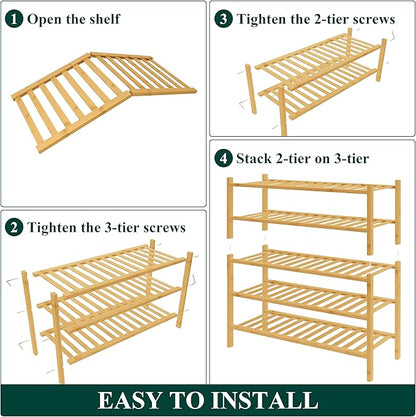 Smiry Bamboo Shoe Rack for Closet, 5 Tier Wooden Stackable Shoe Organizer, Free Standing Shoes Storage Shelf for Entryway, Front Door Entrance, Natural