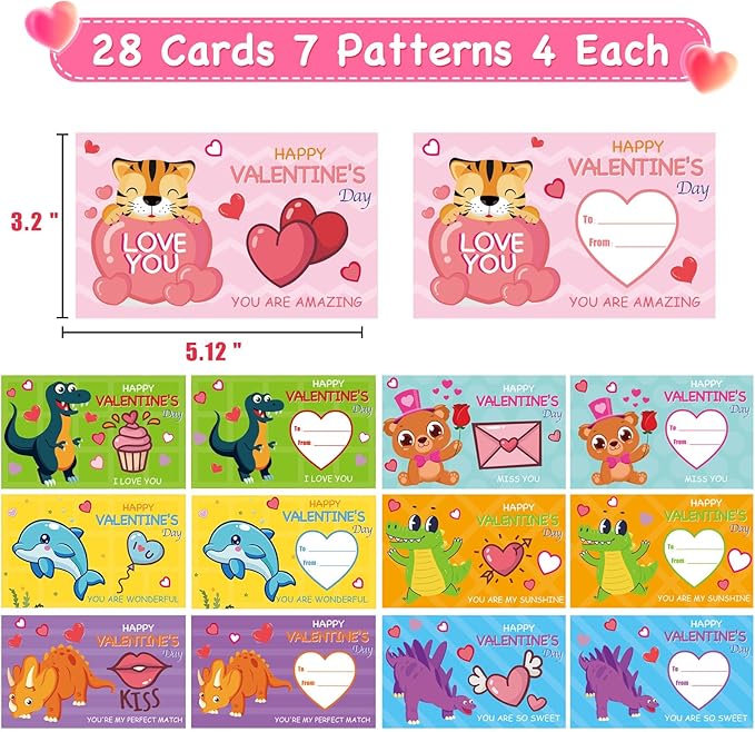 28 Packs Valentine Mochi Squishy Toys with Valentine Cards Animal Squishies for Kids Valentines Day Gift Exchange Classroom Prizes Valentine Party Favors Supplies