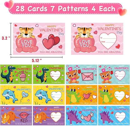 28 Packs Valentine Mochi Squishy Toys with Valentine Cards Animal Squishies for Kids Valentines Day Gift Exchange Classroom Prizes Valentine Party Favors Supplies