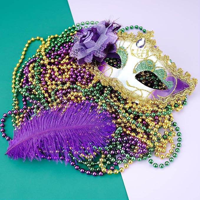 72 PCS Mardi Gras Beads Necklaces, Gold Green Purple Metallic Bead Necklaces 33” 7 mm Mardi Gras Beads Necklaces Accessories Bulk Party Beads Necklaces for Mardi Gras Party, Throw Beads Party Favors