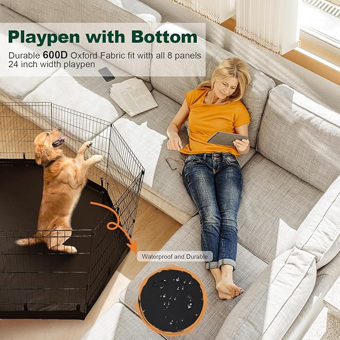 PJYuCien Dog Playpen - 8 Panels 36”H Metal Foldable Dog Exercise Pen, Pet Fence Puppy Crate Kennel Indoor Outdoor with Top Cover & Bottom Pad for Medium Large Pets
