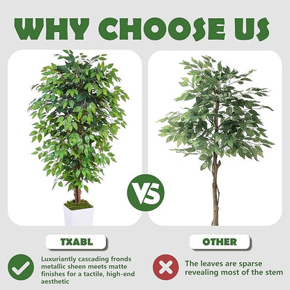 Artificial Ficus Tree 6FT Faux Floor Tree with Planter UV Resistant Potted Fake Silk Plant, Real Wood Trunk-Indoor Outdoor Lifelike Fake Ficus Tree for Home, Living Room Bedroom Topiary Tree
