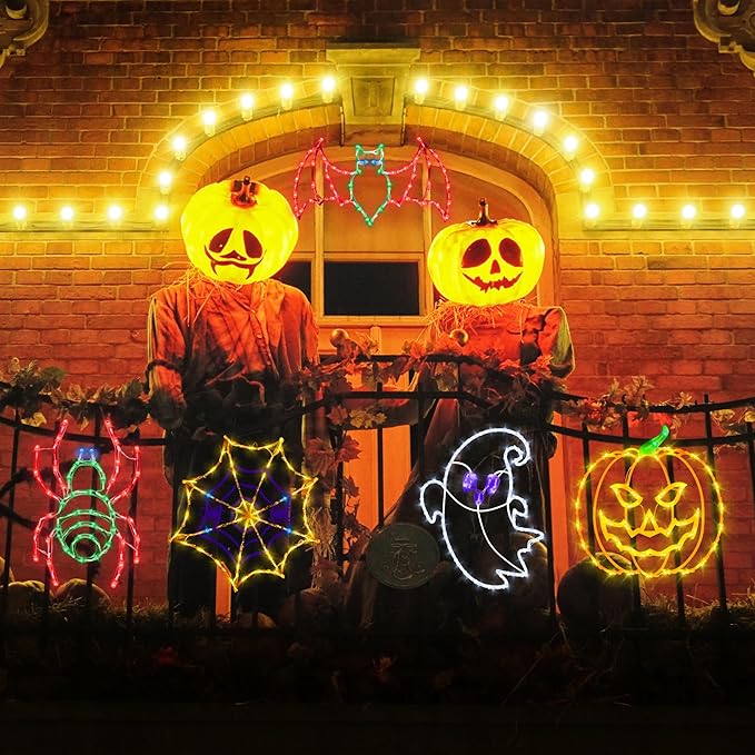 16" Halloween Window Silhouette Lights Decorations - 4 Pack Colour Lighted Spider Web ＆ Pumpkin ＆ Ghost ＆ Spider for Holiday Indoor and Outdoor Wall Door Window Decorate