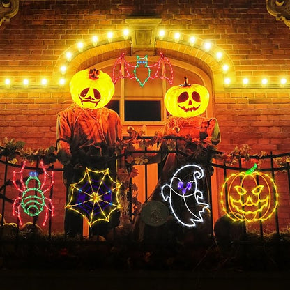 16" Halloween Window Silhouette Lights Decorations - 4 Pack Colour Lighted Spider Web ＆ Pumpkin ＆ Ghost ＆ Spider for Holiday Indoor and Outdoor Wall Door Window Decorate