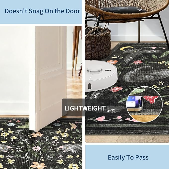 GarveeHome 5x7 Cat Area Rug Black Washable Rugs for Living Room Bedroom, Soft Mushroom Floral Low Pile Non Slip Floor Mat Animal Print Throw Rug Indoor Carpet for Dorm Playroom Gothic Decor