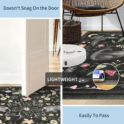 GarveeHome 3x5 Cat Washable Area Rug for Entryway, Mushroom Floral Black Bedroom Rug Non Slip Low Pile Butterfly Carpet Stain Resistant Throw Rug for Kitchen Dorm Kids Room Office Dining Room