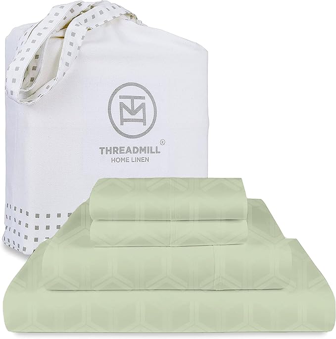 Threadmill 100% Cotton Sheets for Queen Size Bed - 600 Thread Count Queen Bed Sheets Set with 16” Deep Pocket - Jacquard Sateen Weave 4-Piece Bedding Set with Cooling Effect, Sage Green