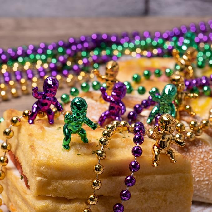 YAXINRUI Mardi Gras Beads Necklaces and King Cake Babies, Multi Colors 24Pcs Party Beads Necklaces + 24Pcs Mini Plastic Babies Mardi Gras Accessories for Mardi Gras Party, Party Favors