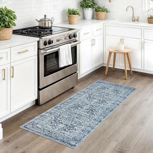 KUTA Vintage Washable Runner Rug, 2x5 Runners Non-Slip Blue White 5ft Hallway Kitchen Rugs Ultra Soft Printed Floral Distressed Tribal Farmhouse Carpet for Bedroom Entryway Decor