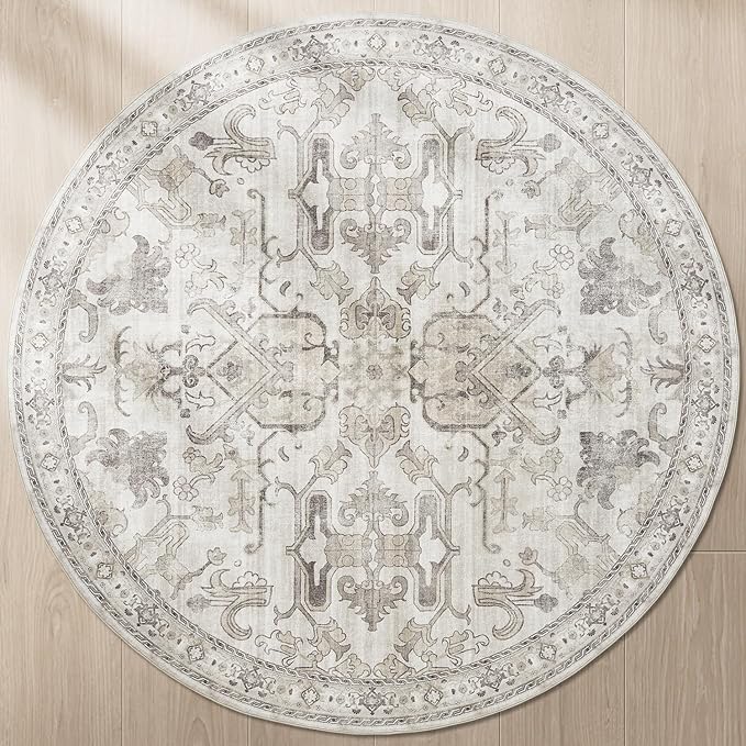 jinchan Round Rug 6ft Area Rug Vintage Floor Mat Kitchen Indoor Ultra-Thin Soft Floral Print Washable Circle 6' Accent for Farmhouse Non Slip Dining Room Living Room Bedroom Office Taupe