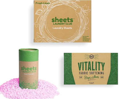 Sheets Laundry Club Bundle - 50 Pack (up to 100 loads) Fresh Linen Detergent Sheets, 40 Pack Free & Clear Dryer Sheets & 8 Oz. Sea Breeze Scent Booster - New Liquidless Technology