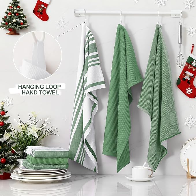 Homaxy Premium Kitchen Towels(18”x 28”, 9 Pack), Large Cotton 380 GSM Kitchen Hand Towels, Soft and Absorbent Terry Dish Towels, Multipurpose Tea Towel Set with Hanging Loop, Grass Green
