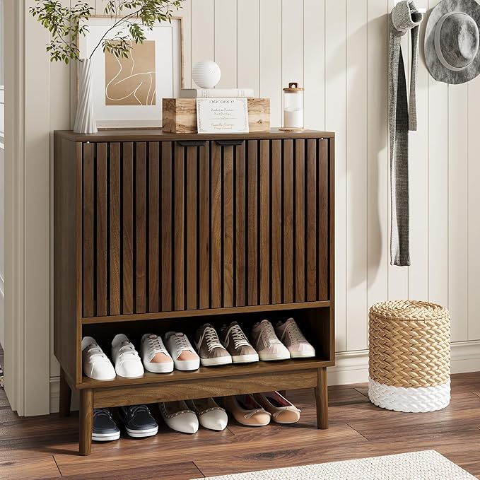 Shoe Storage Cabinet with Adjustable Shelves, Wooden Shoe Organizer, Shoes Rack for Entryway, Hallway, Living Room (Walnut, 27.56" W)